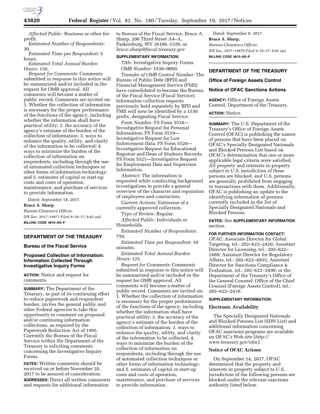 Federal Register/Vol. 82, No. 180/Tuesday, September 19, 2017