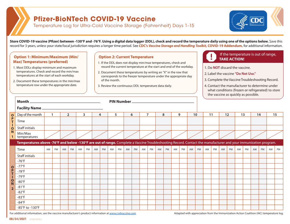 Temperature Log for Ultra-Cold Vaccine Storage (Fahrenheit) Days 1–15