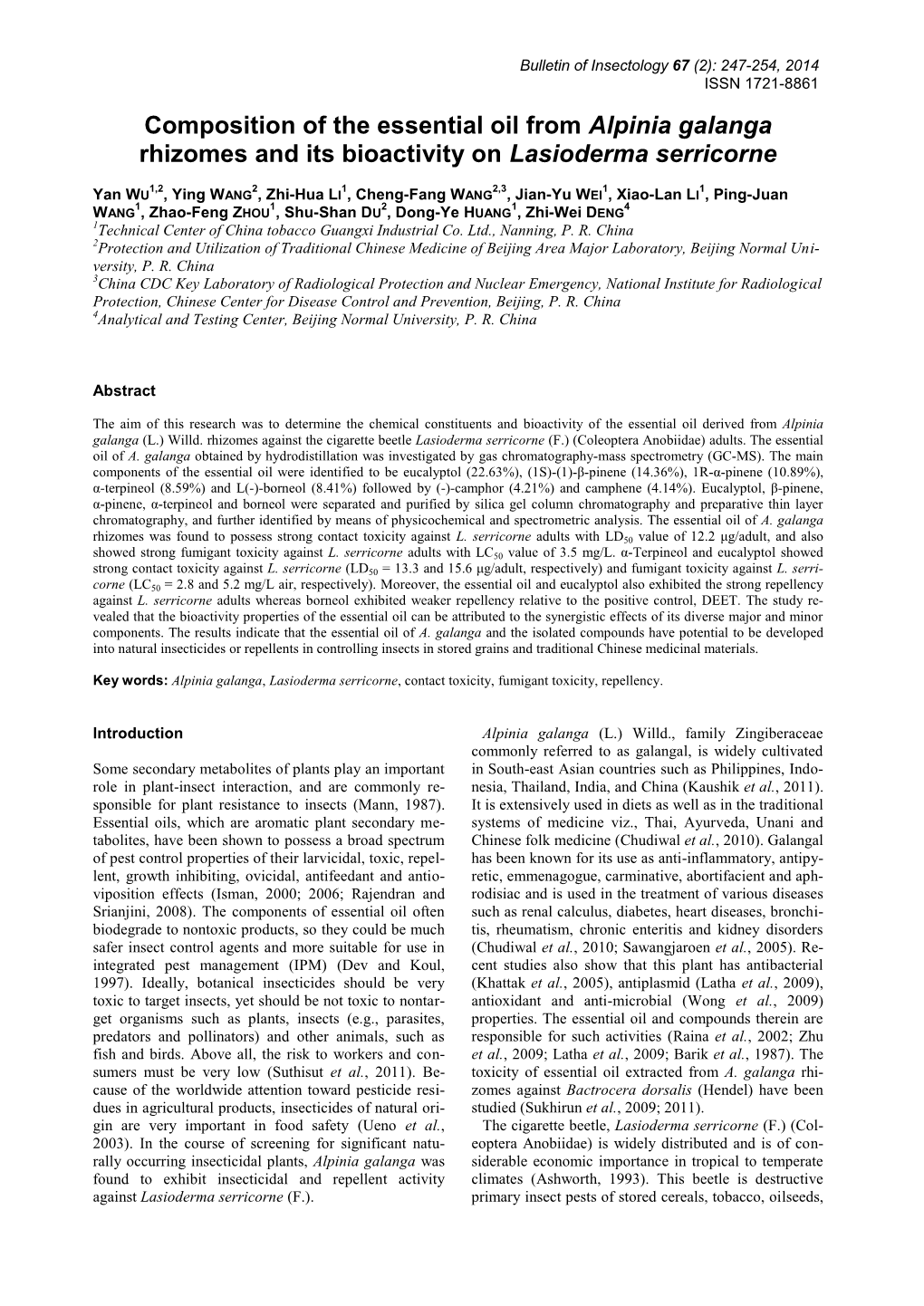 Composition of the Essential Oil from Alpinia Galanga Rhizomes and Its Bioactivity on Lasioderma Serricorne