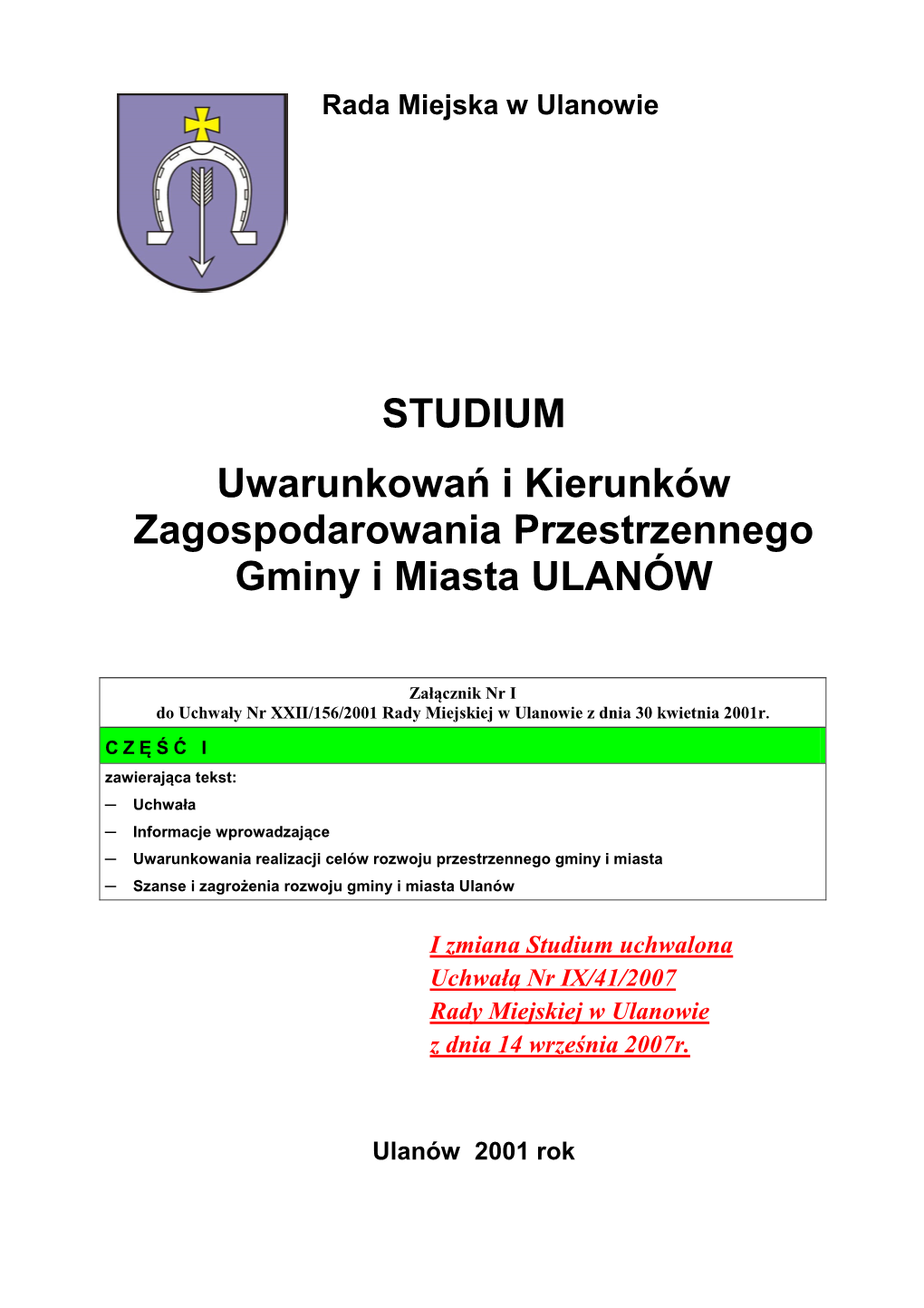 Rada Miejska W Ulanowie STUDIUM Uwarunkowań I Kierunków