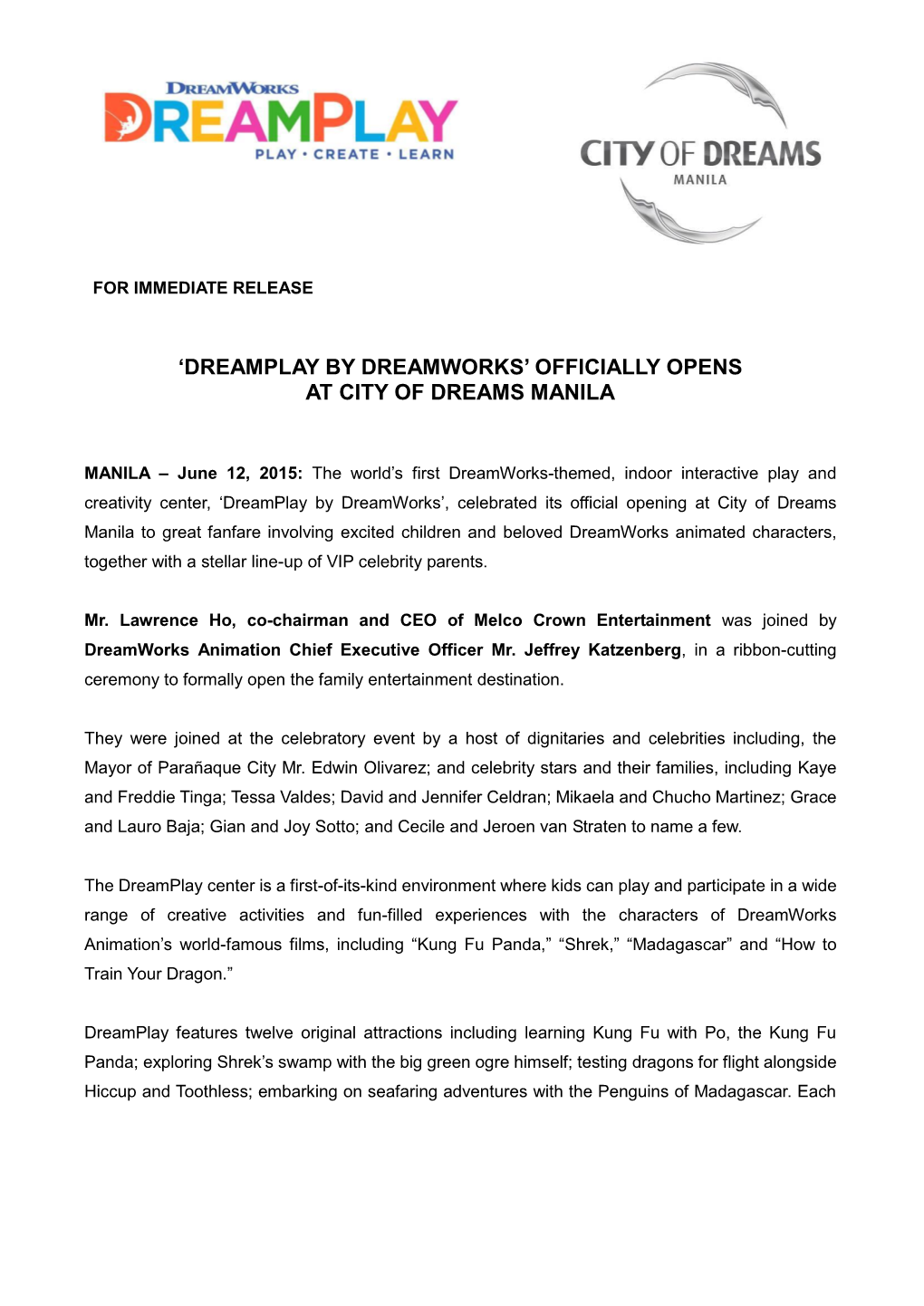 'Dreamplay by Dreamworks' Officially Opens at City of Dreams Manila