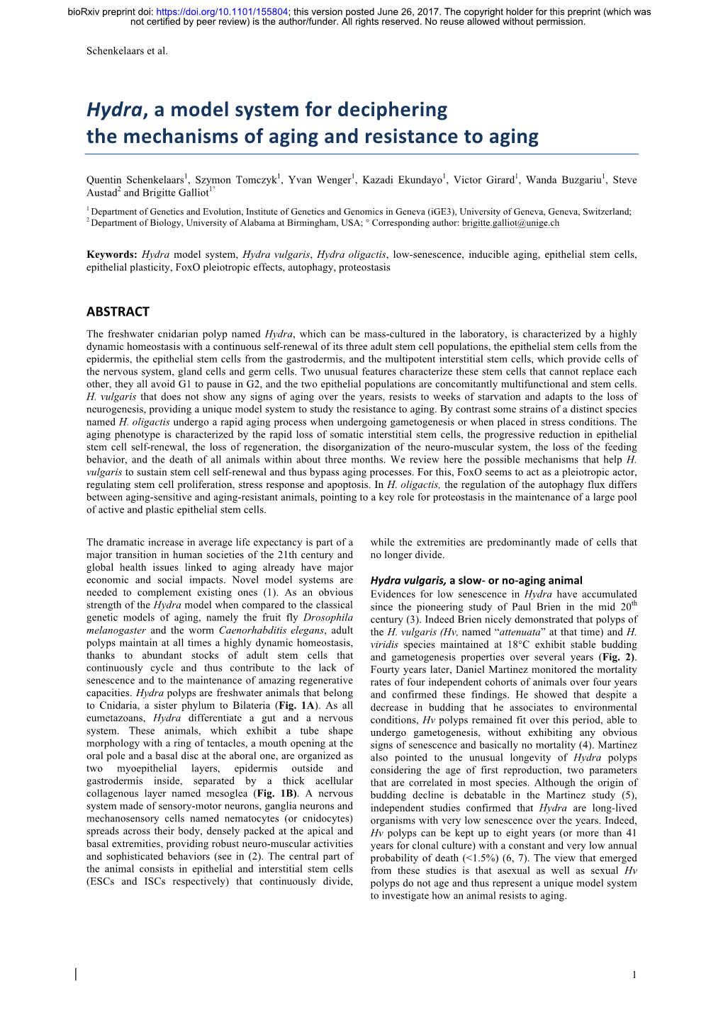 Hydra, a Model System for Deciphering the Mechanisms of Aging and Resistance to Aging