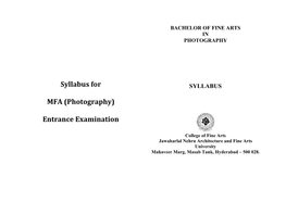 Syllabus for MFA (Photography) Entrance Examination
