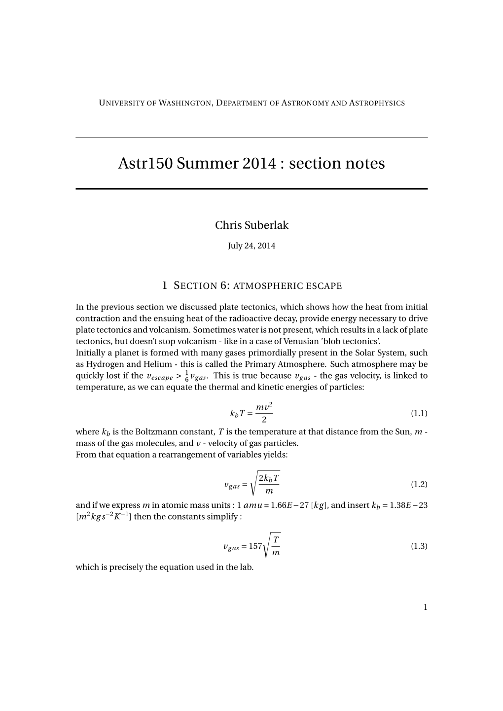 Astr150 Summer 2014 : Section Notes