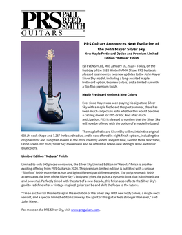 PRS Guitars Announces Next Evolution of the John Mayer Silver Sky New Maple Fretboard Option and Premium Limited Edition “Nebula” Finish