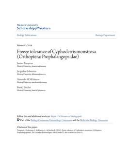 Freeze Tolerance of Cyphoderris Monstrosa (Orthoptera: Prophalangopsidae) Jantina Toxopeus Western University, Jtoxopeu@Uwo.Ca
