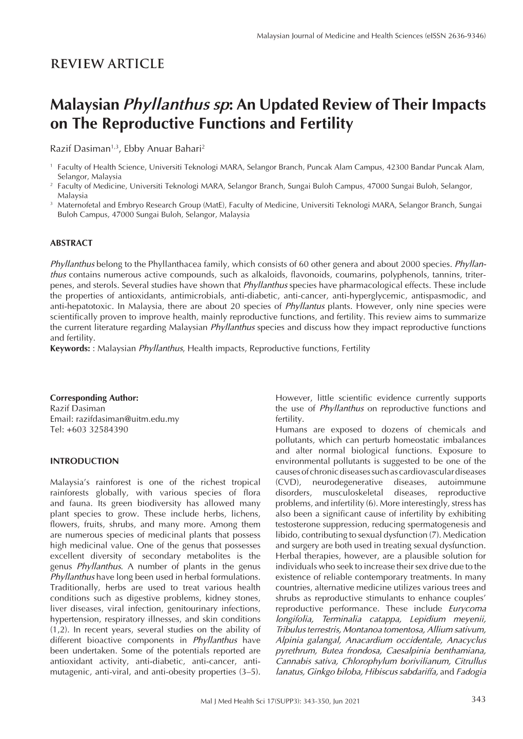 Malaysian Phyllanthus Sp: an Updated Review of Their Impacts on the Reproductive Functions and Fertility