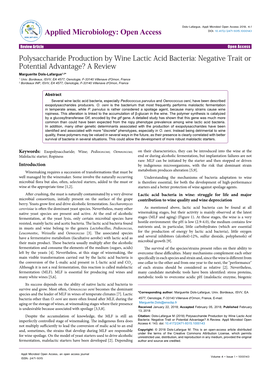 Polysaccharide Production by Wine Lactic Acid Bacteria: Negative Trait Or Potential Advantage? a Review Marguerite Dols-Lafargue1,2* 1 Univ