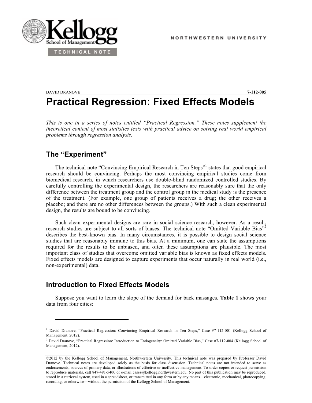 Practical Regression: Fixed Effects Models