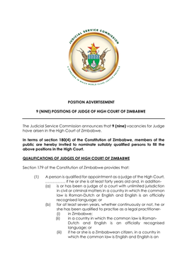 (NINE) POSITIONS of JUDGE of HIGH COURT of ZIMBABWE The