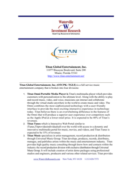 Titan Global Entertainment, Inc. 11077 Biscayne Boulevard, Suite 200 Miami, Florida 33161