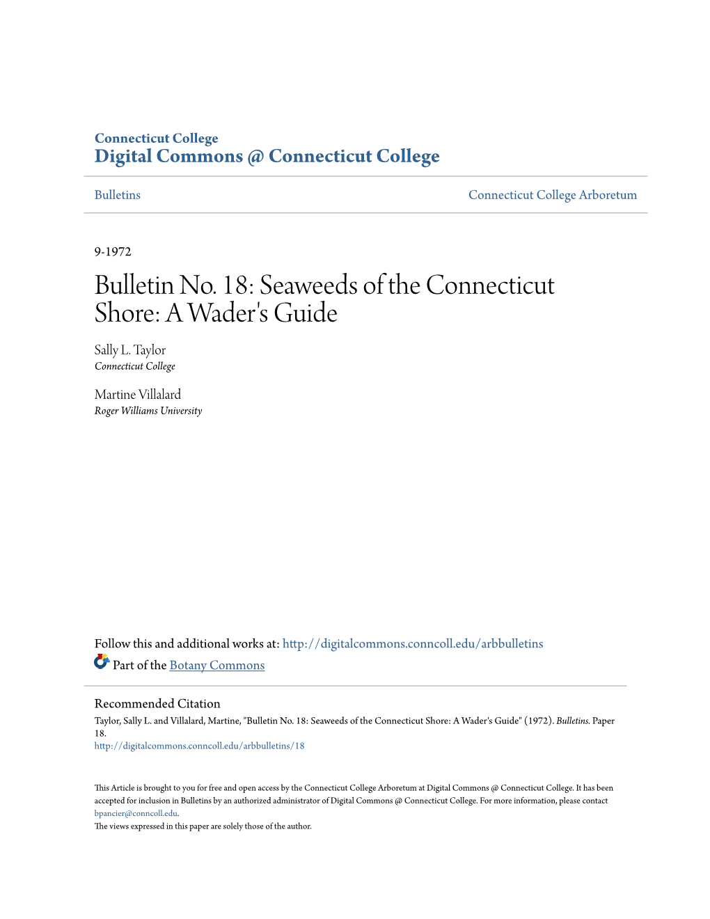 Bulletin No. 18: Seaweeds of the Connecticut Shore: a Wader's Guide Sally L