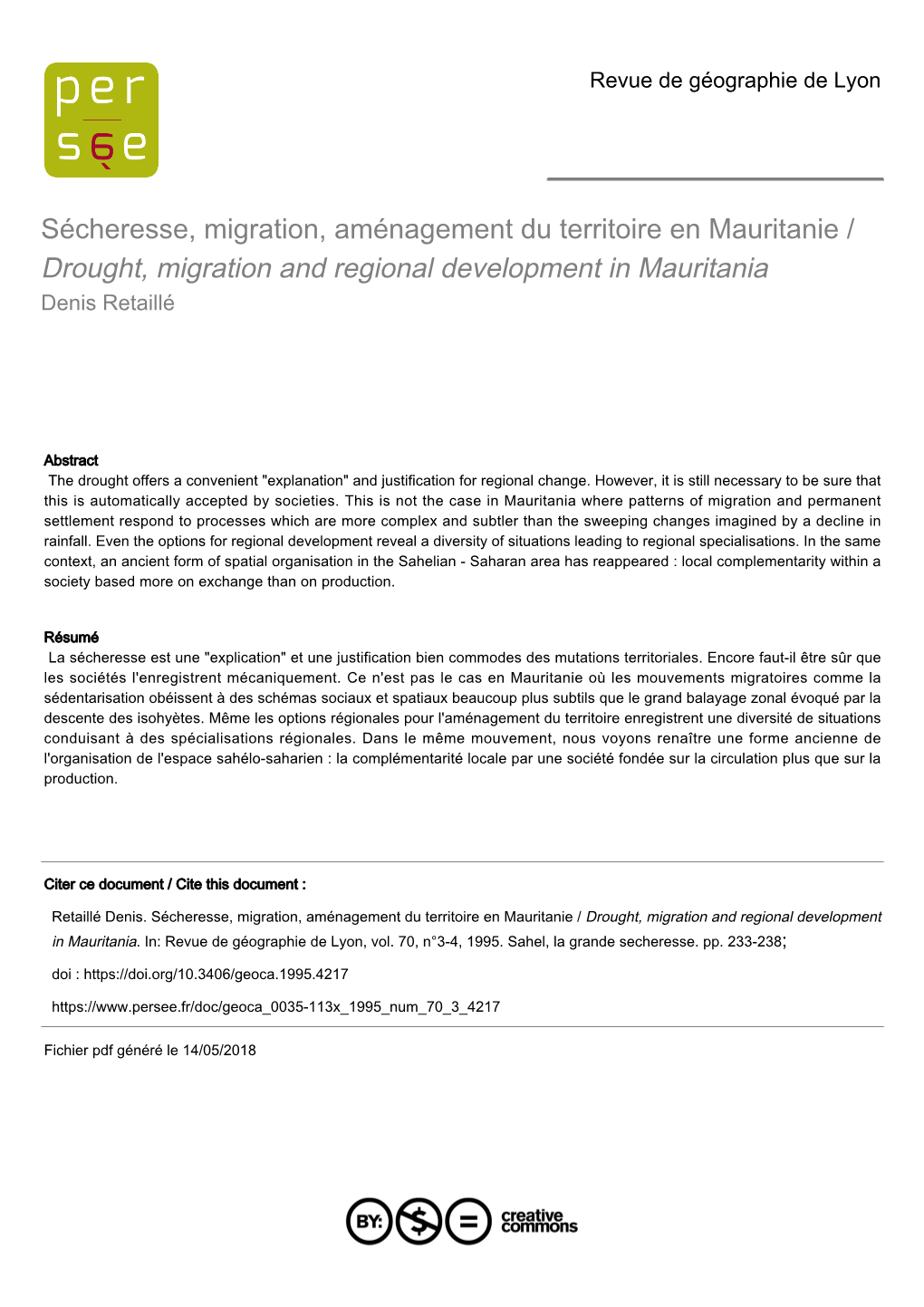 Sécheresse, Migration, Aménagement Du Territoire En Mauritanie / Drought, Migration and Regional Development in Mauritania Denis Retaillé