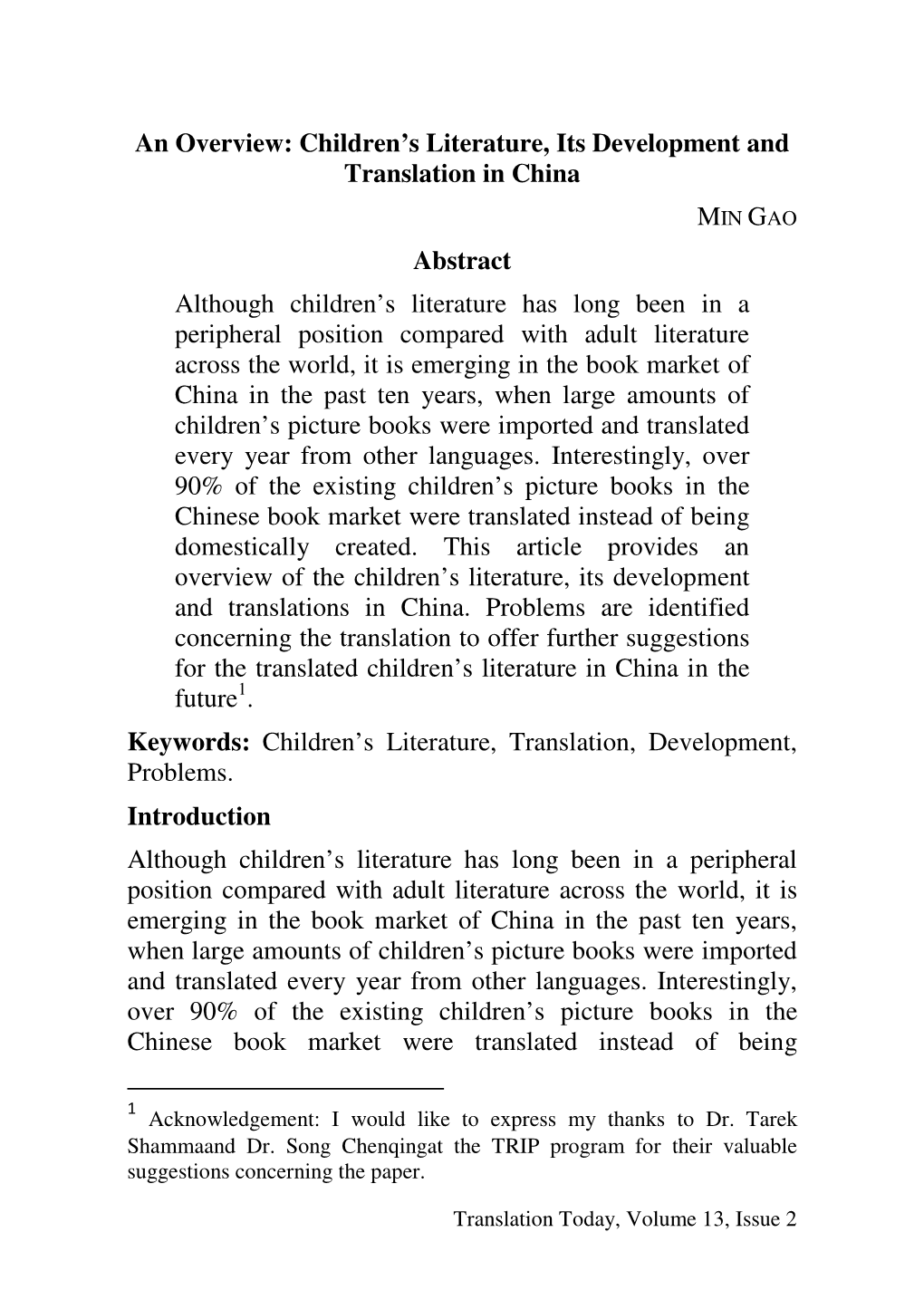 Children's Literature, Its Development and Translation in China