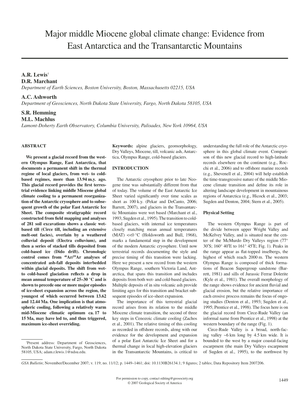 Major Middle Miocene Global Climate Change: Evidence from East Antarctica and the Transantarctic Mountains