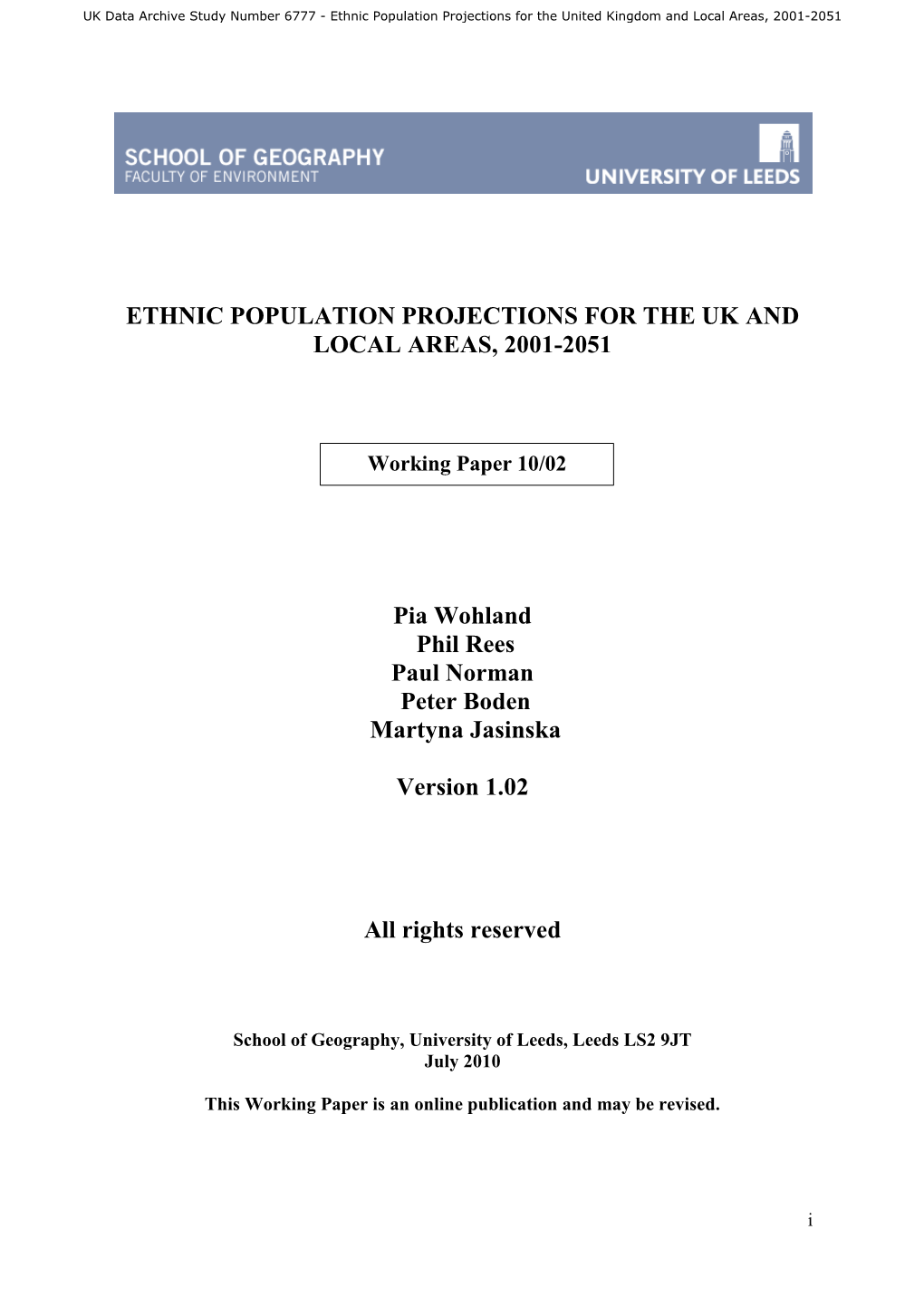 Ethnic Population Projections for the UK and Local Areas, 2001–2051