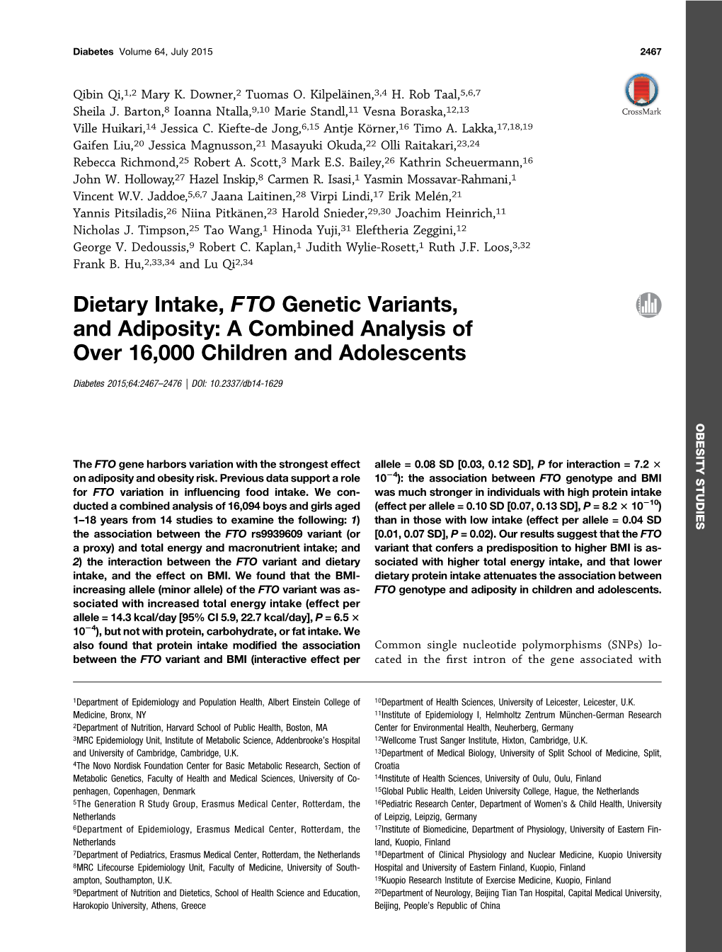 Dietary Intake, FTO Genetic Variants, and Adiposity: a Combined Analysis of Over 16,000 Children and Adolescents