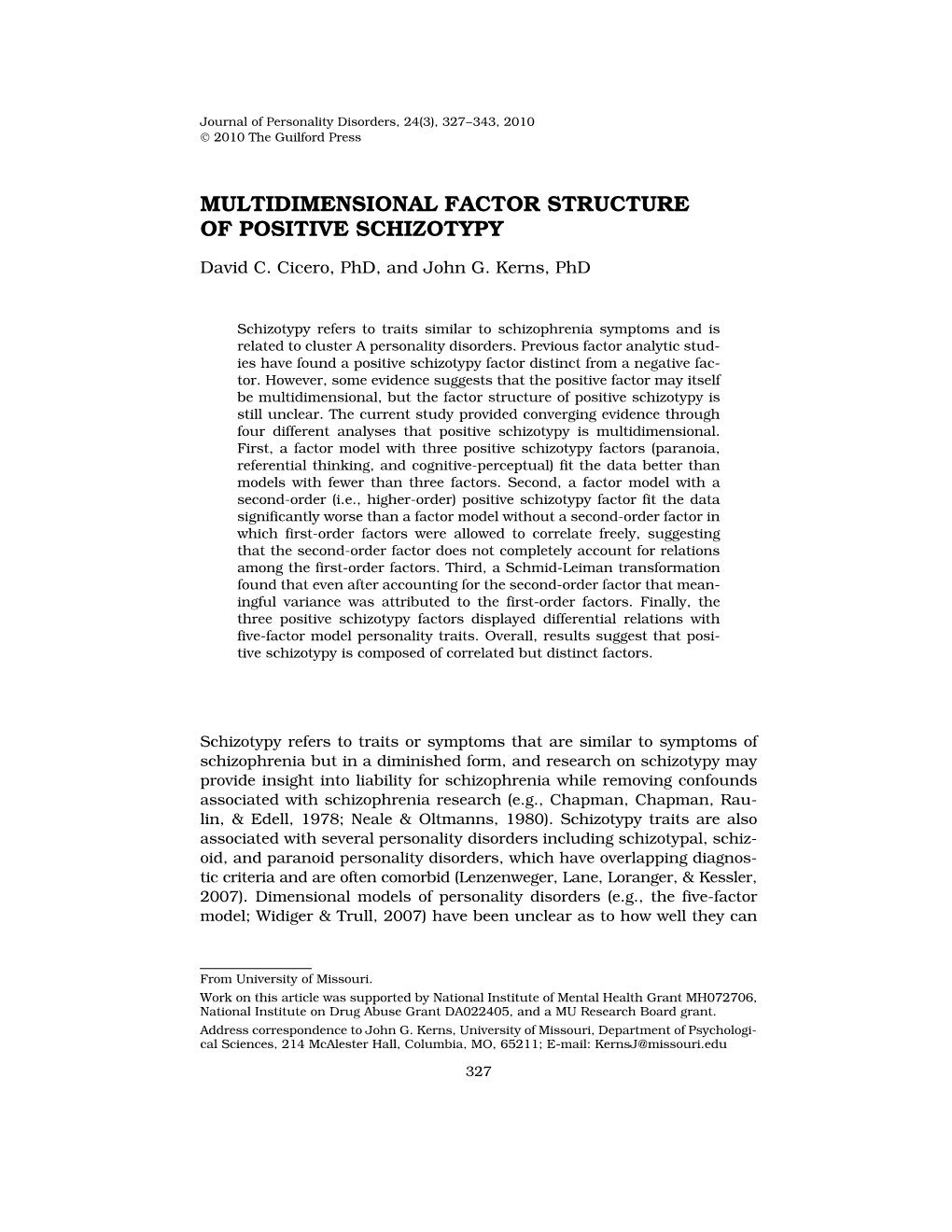 Multidimensional Factor Structure of Positive Schizotypy