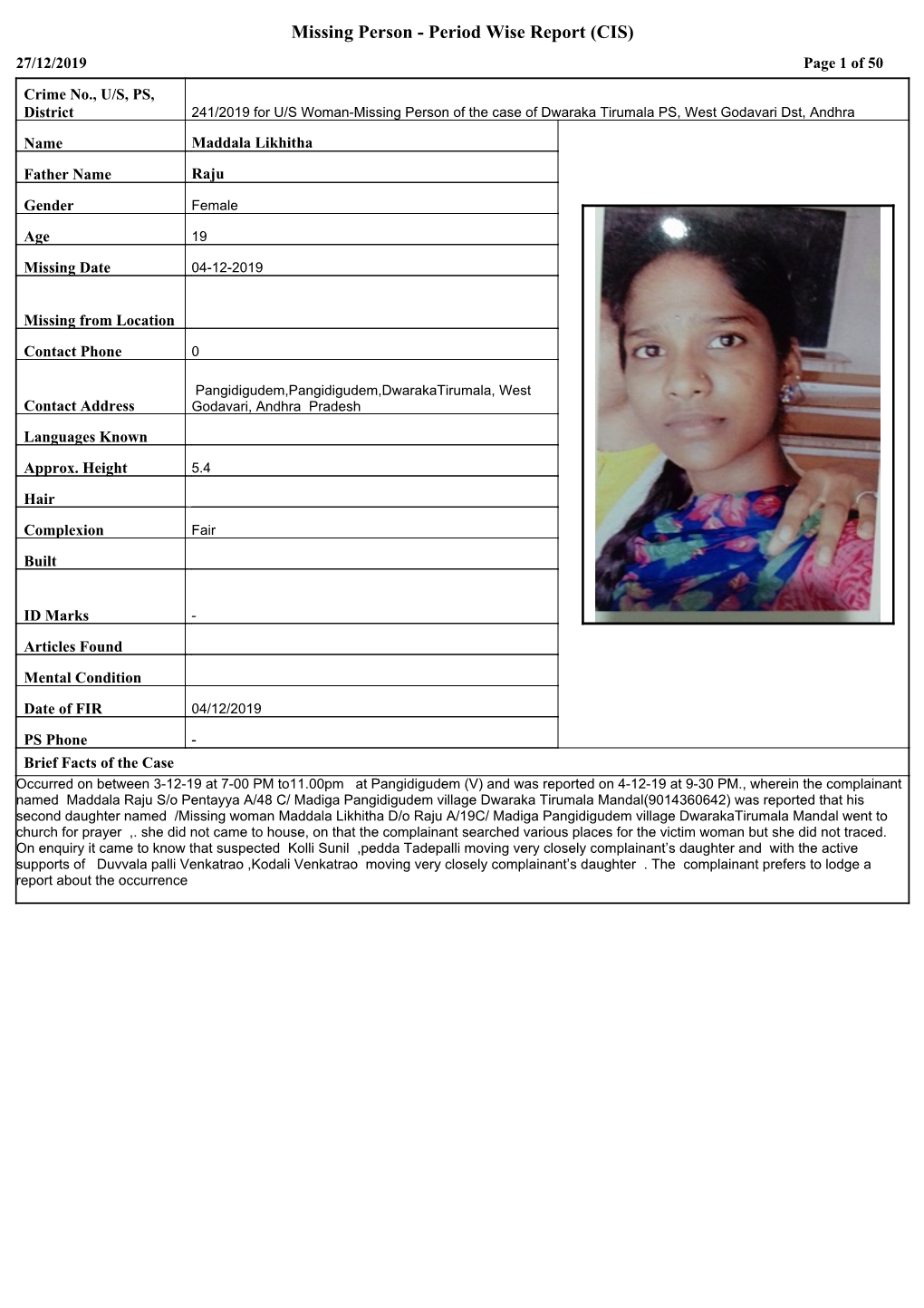 Missing Person - Period Wise Report (CIS) 27/12/2019 Page 1 of 50