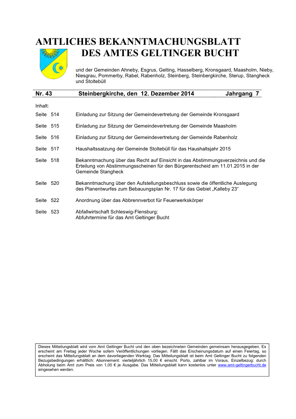 Amtliches Bekanntmachungsblatt Des Amtes Geltinger Bucht Nr. 43/2014