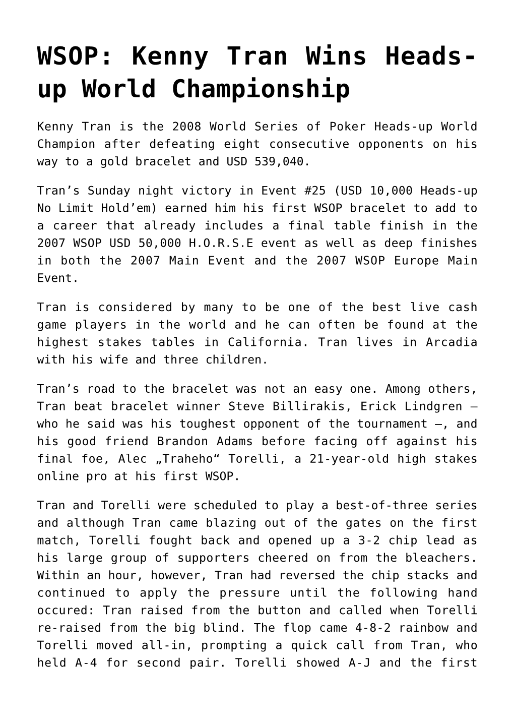 WSOP: Kenny Tran Wins Heads-Up World Championship
