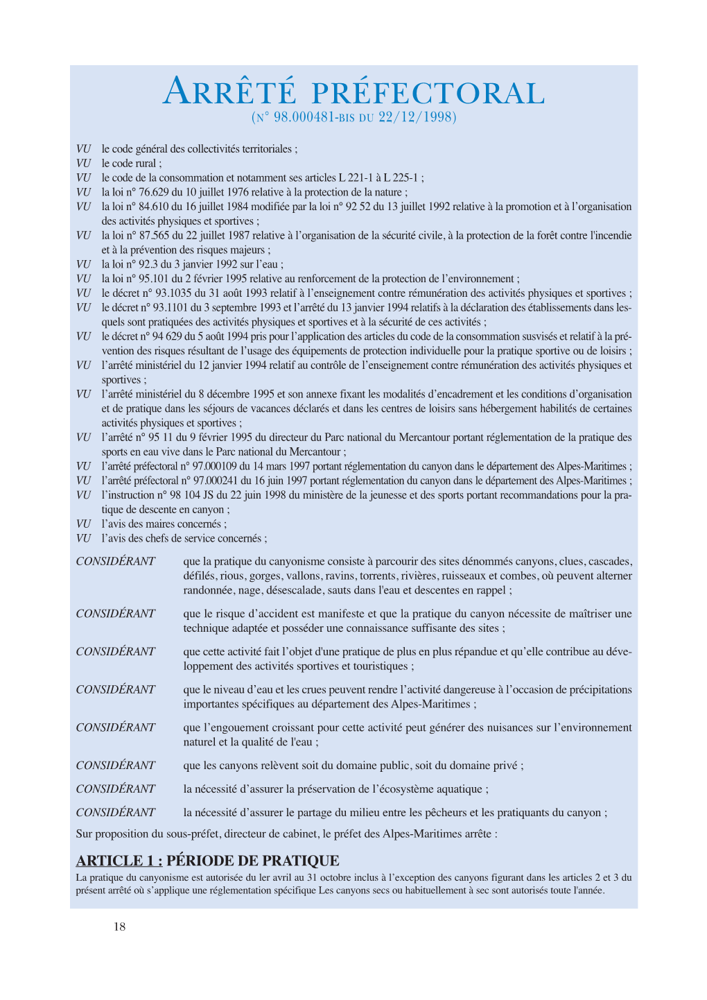 Arrêté Préfectoral (N° 98.000481-Bis Du 22/12/1998)