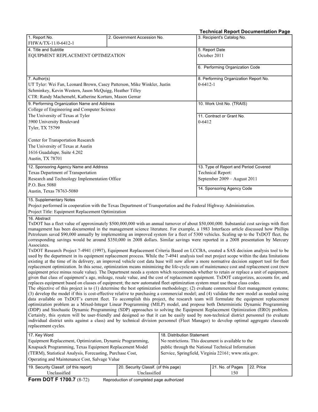 EQUIPMENT REPLACEMENT OPTIMIZATION October 2011