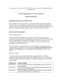 This Document Has Been Created by AHDS History and Is Based on Information Supplied by the Depositor SN 3454