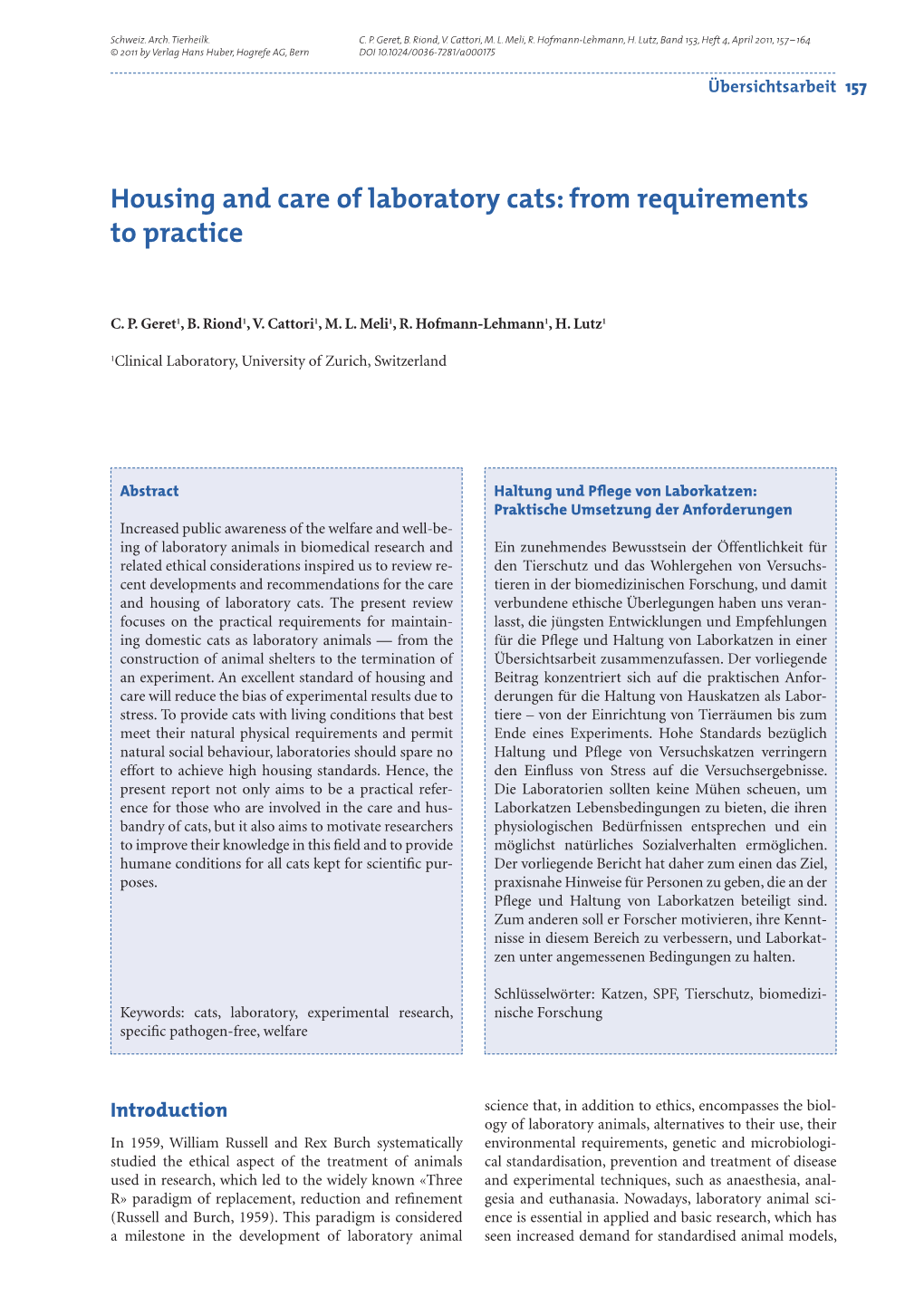 Housing and Care of Laboratory Cats: from Requirements to Practice