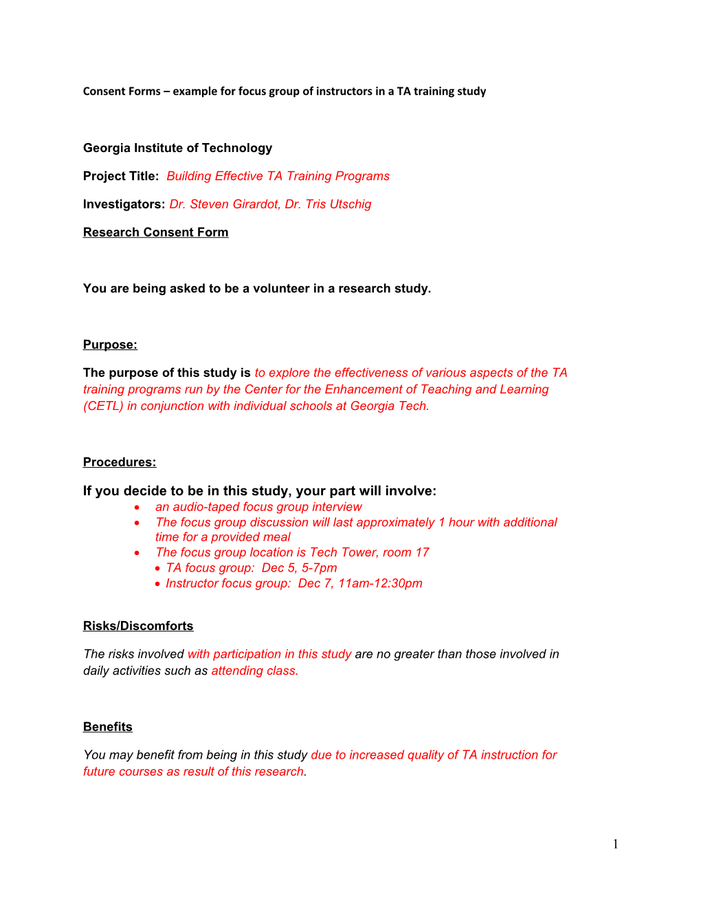 Consent Forms Example for Focus Group of Instructors in a TA Training Study