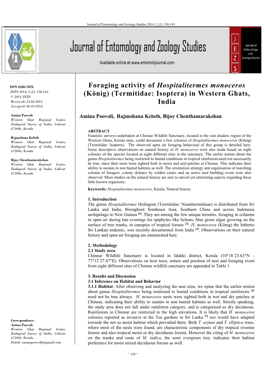 Foraging Activity of Hospitalitermes Monoceros (König) (Termitidae