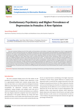 Evolutionary Psychiatry and Higher Prevalence of Depression in Females: a New Opinion