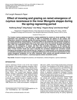 Effect of Mowing and Grazing on Ramet Emergence of Leymus Racemosus in the Inner Mongolia Steppe During the Spring Regreening Period