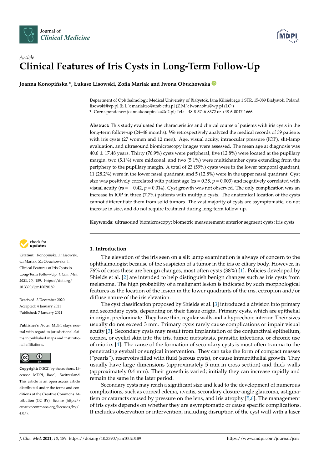 Clinical Features of Iris Cysts in Long-Term Follow-Up