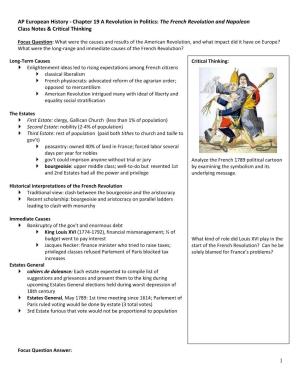 AP European History - Chapter 19 a Revolution in Politics: the French Revolution and Napoleon Class Notes & Critical Thinking