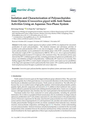 Isolation and Characterization of Polysaccharides from Oysters (Crassostrea Gigas) with Anti-Tumor Activities Using an Aqueous Two-Phase System