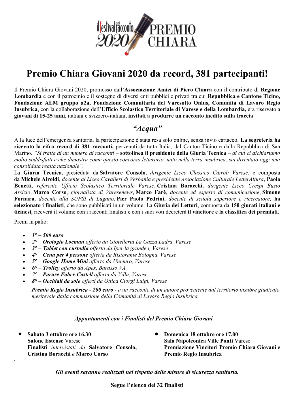 Premio Chiara Giovani 2020 Da Record, 381 Partecipanti!