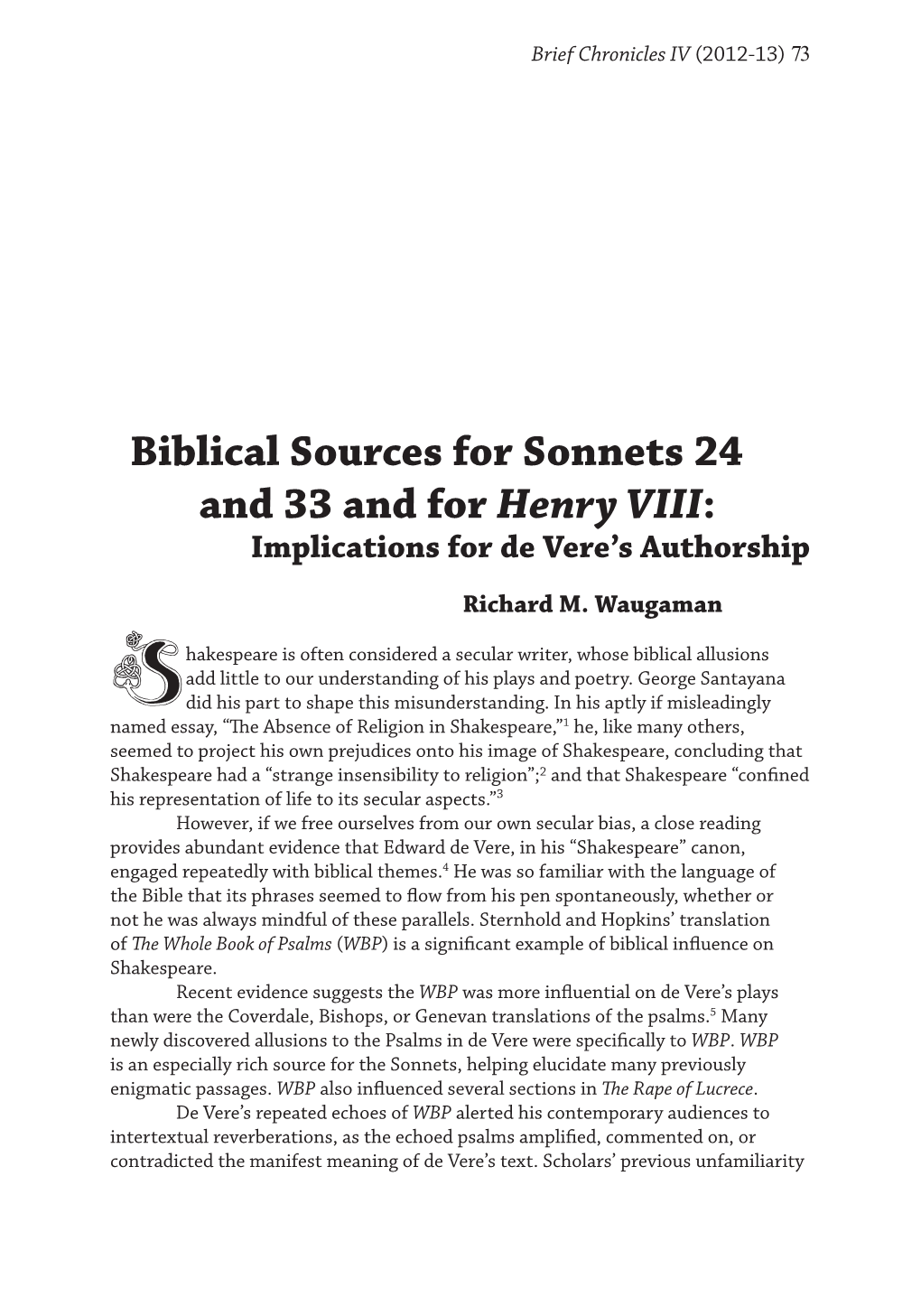 Biblical Sources for Sonnets 24 and 33 and for Henry VIII: Implications for De Vere’S Authorship