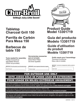 Product Guide Model 13301719 Tabletop Charcoal Grill 150 Modelo