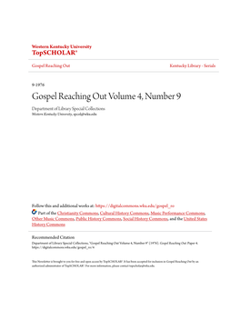 Gospel Reaching out Volume 4, Number 9 Department of Library Special Collections Western Kentucky University, Spcol@Wku.Edu