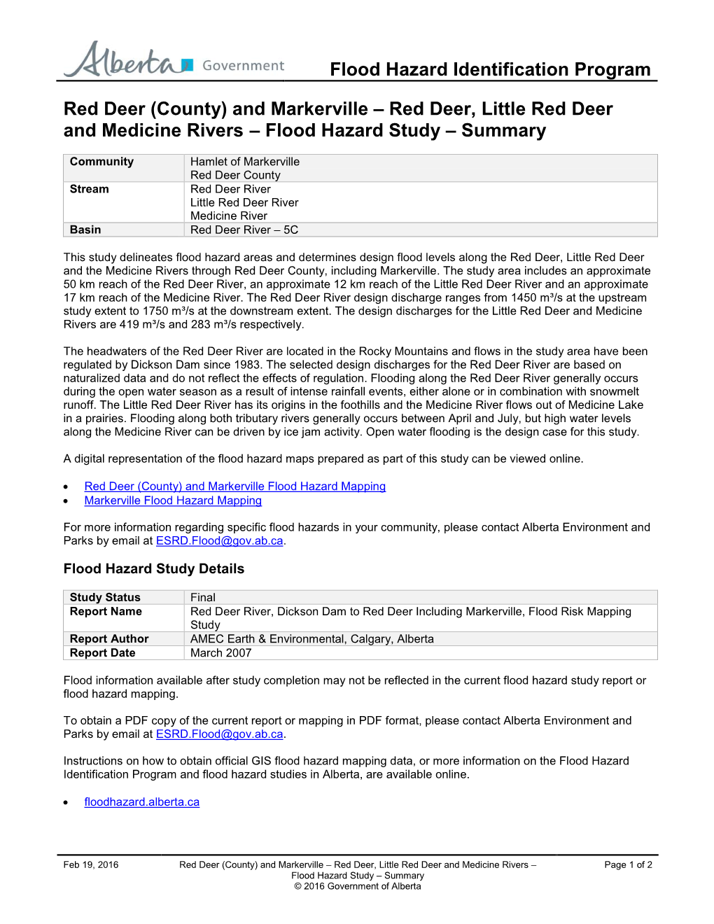 Red Deer (County) and Markerville – Red Deer, Little Red Deer and Medicine Rivers – Flood Hazard Study – Summary