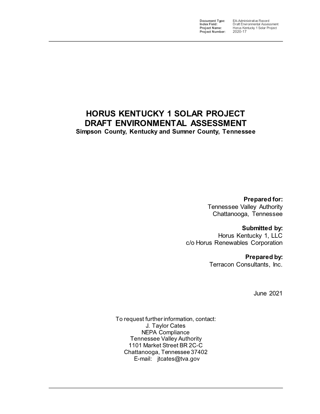 HORUS KENTUCKY 1 SOLAR PROJECT DRAFT ENVIRONMENTAL ASSESSMENT Simpson County, Kentucky and Sumner County, Tennessee