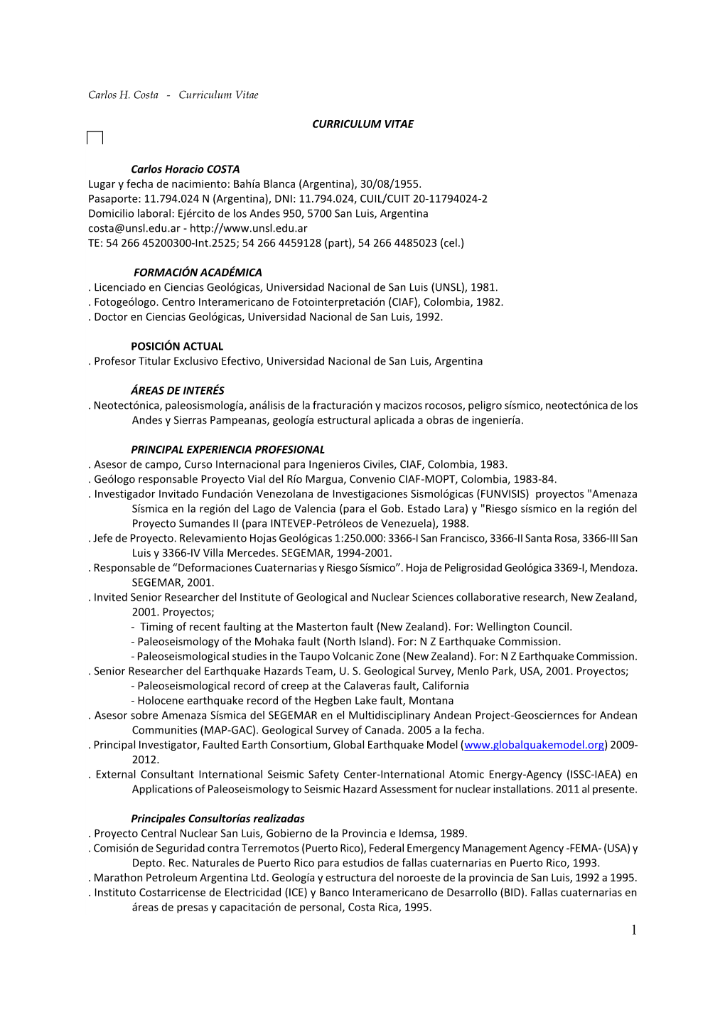 Carlos H. Costa - Curriculum Vitae