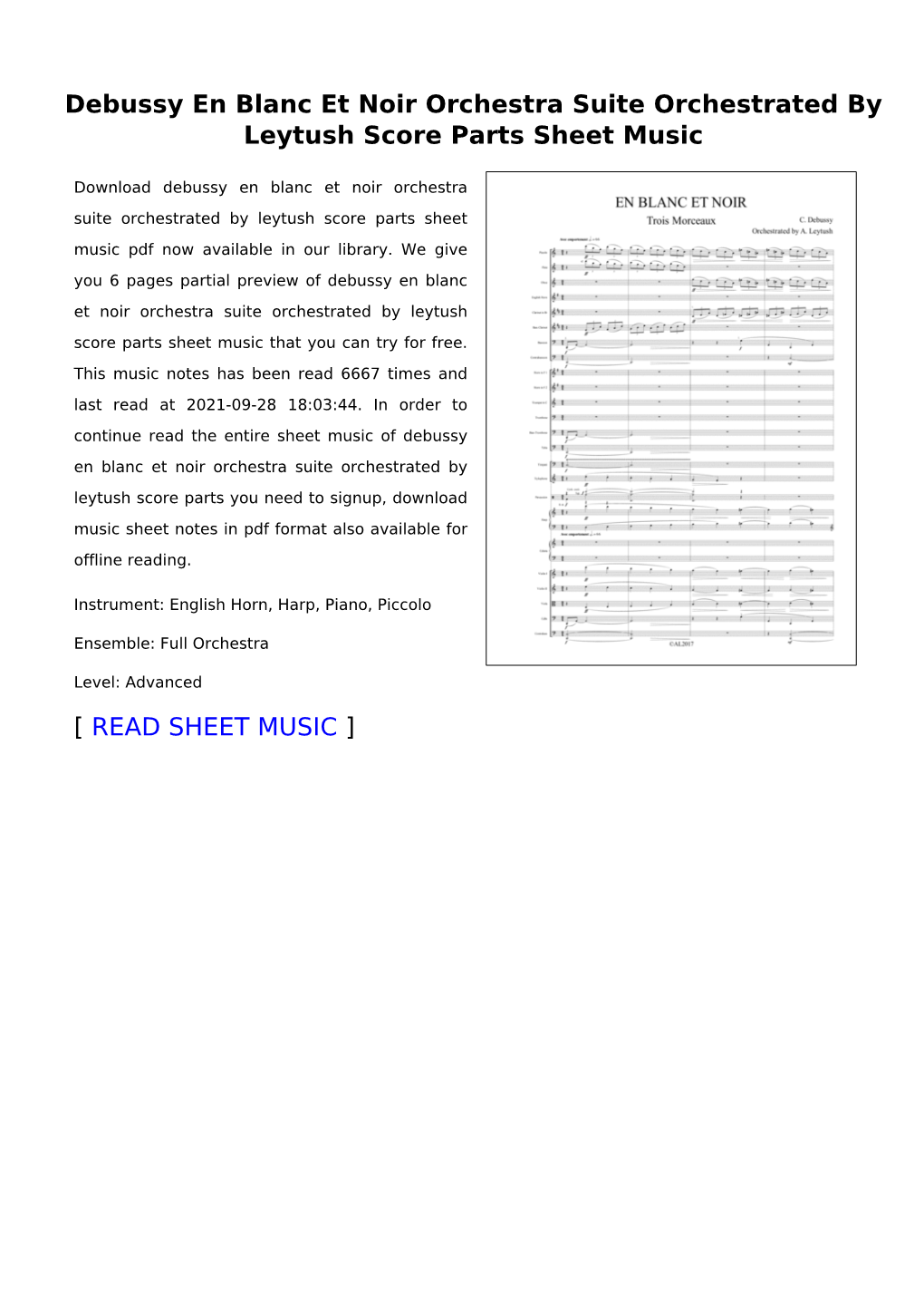 Debussy En Blanc Et Noir Orchestra Suite Orchestrated by Leytush Score Parts Sheet Music