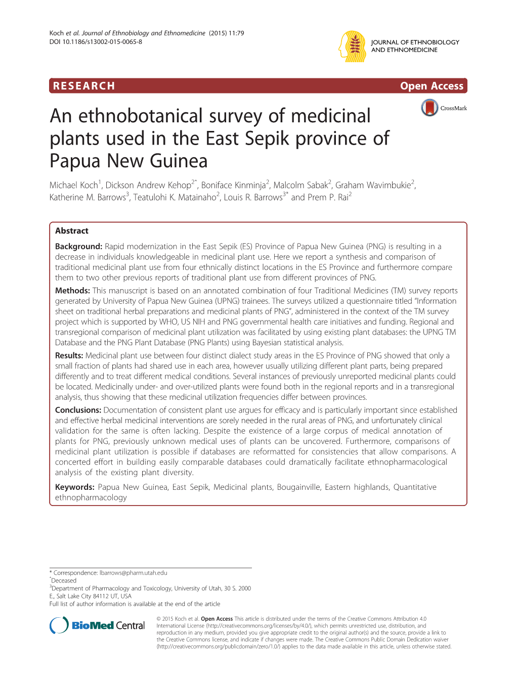 An Ethnobotanical Survey of Medicinal Plants Used in the East Sepik Province of Papua New Guinea