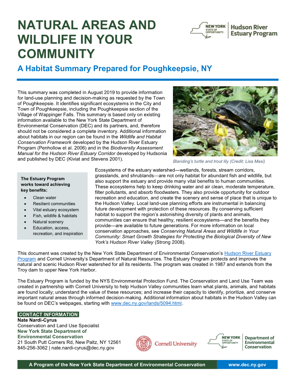 NATURAL AREAS and WILDLIFE in YOUR COMMUNITY a Habitat Summary Prepared for Poughkeepsie, NY