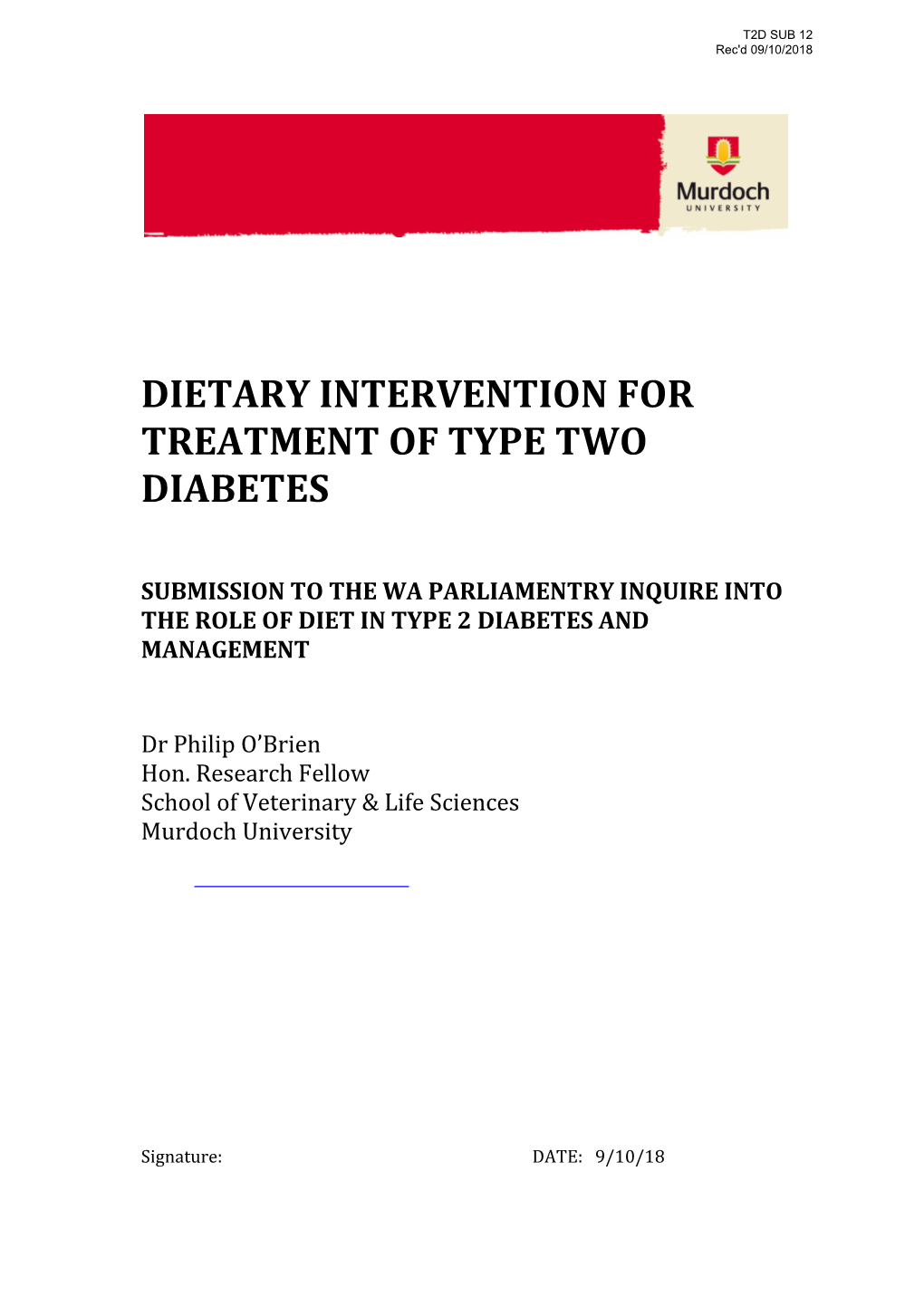 Dietary Intervention for Treatment of Type Two Diabetes