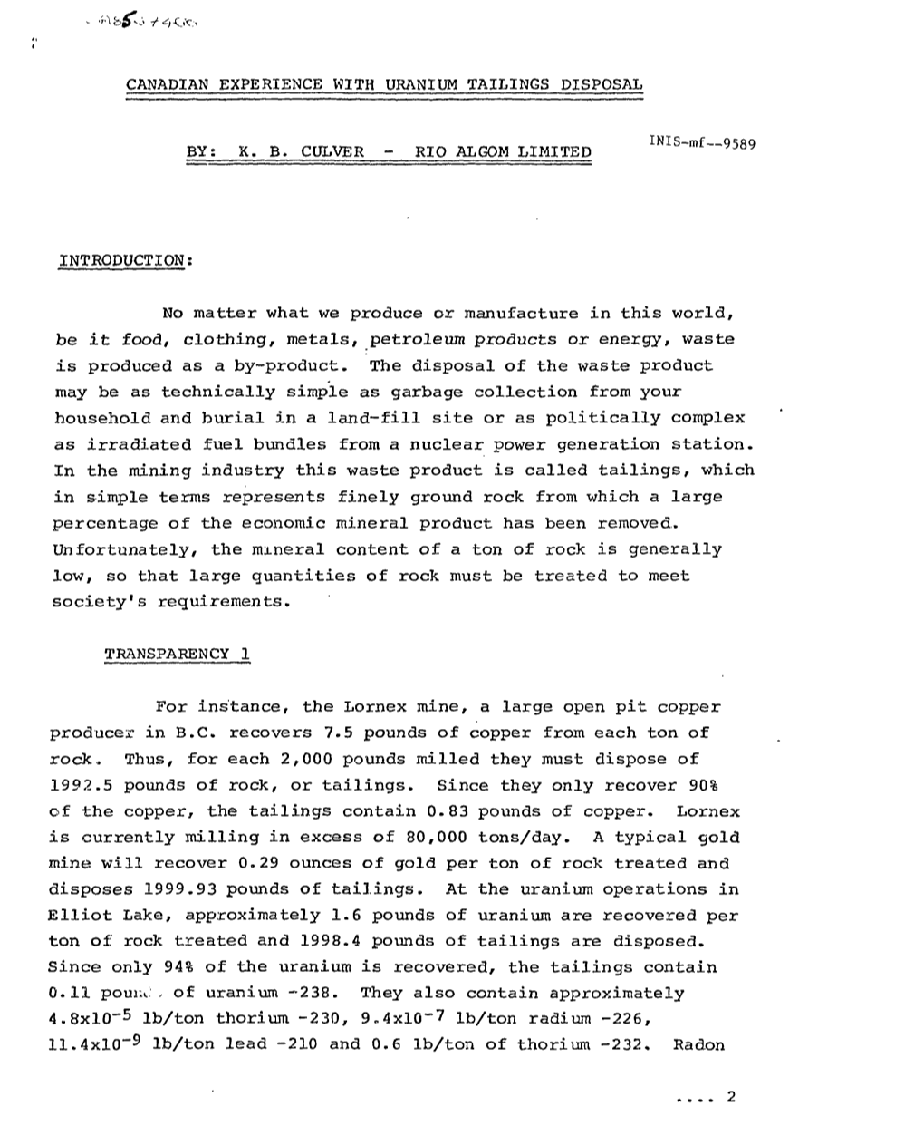 Canadian Experience with Uranium Tailings Disposal By: Kb Culver