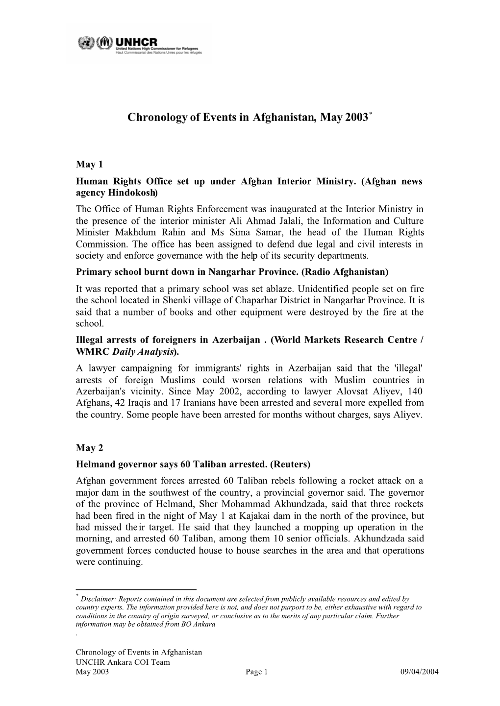 Chronology of Events in Afghanistan, May 2003*