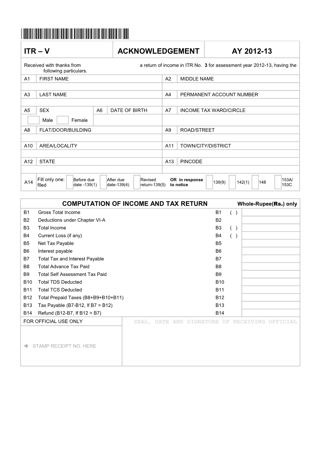 Received with Thanks from a Return of Income in ITR No. 3 for Assessment Year 2012-13